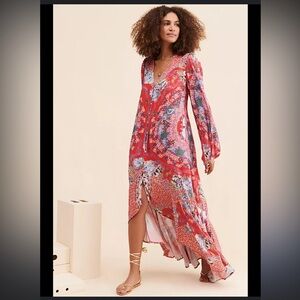 Free People Vibrant Red Floral Long Sleeve Dress